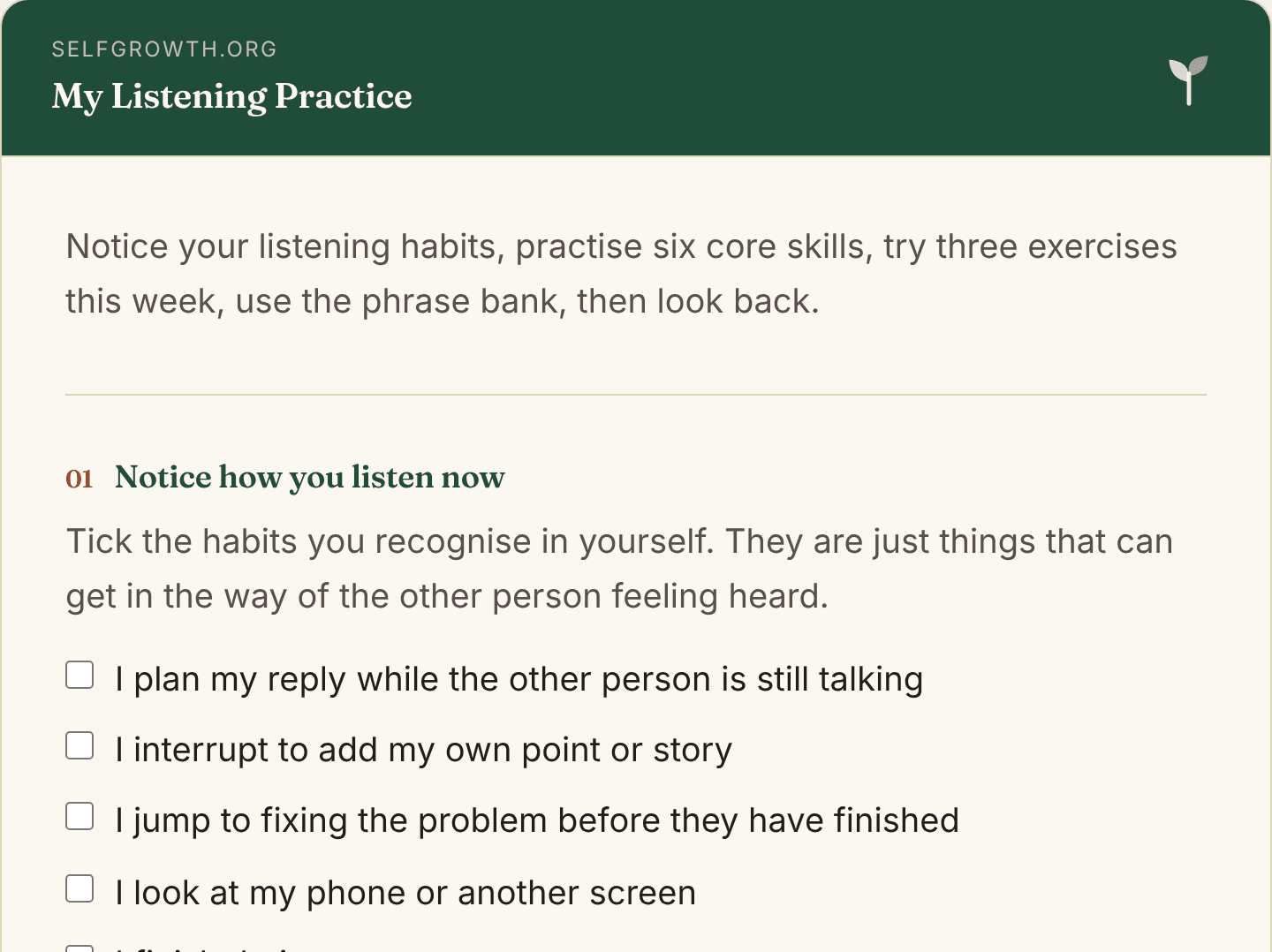 Preview of the Active Listening Worksheet, a free printable worksheet