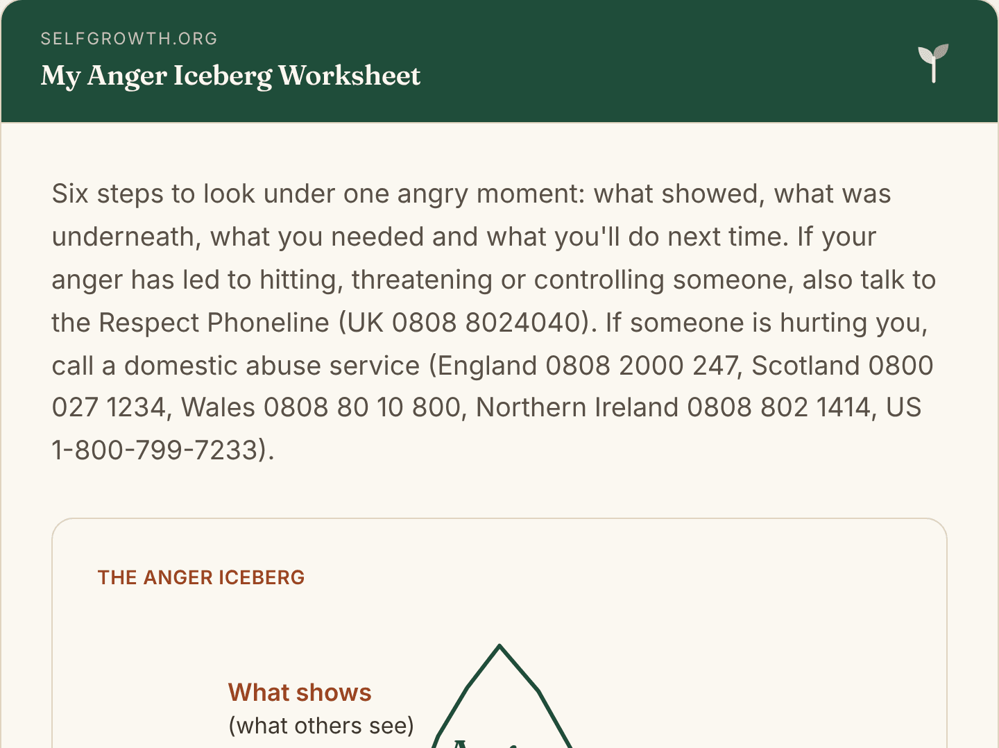 Preview of the Anger Iceberg Worksheet, a free printable worksheet