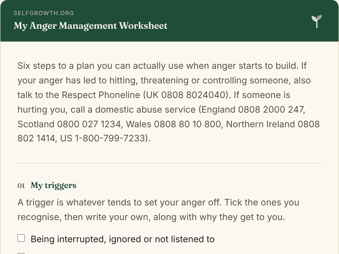Preview of the Anger Management Worksheet, a free printable worksheet