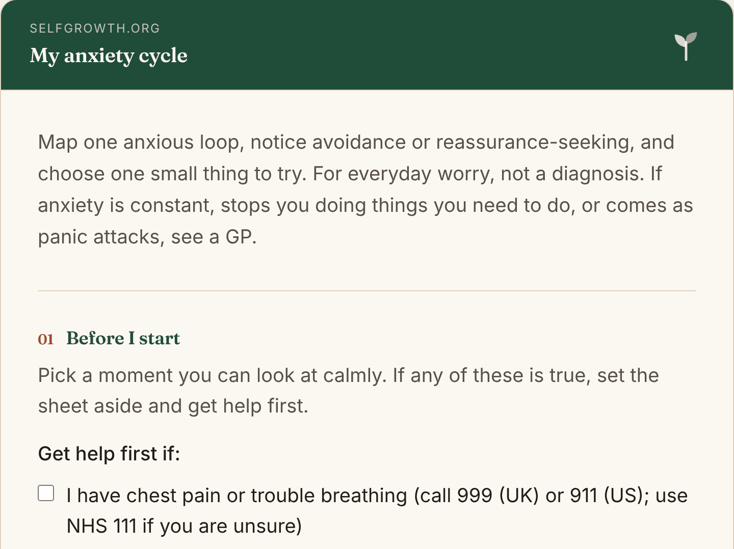 Preview of the Anxiety Cycle Worksheet, a free printable worksheet