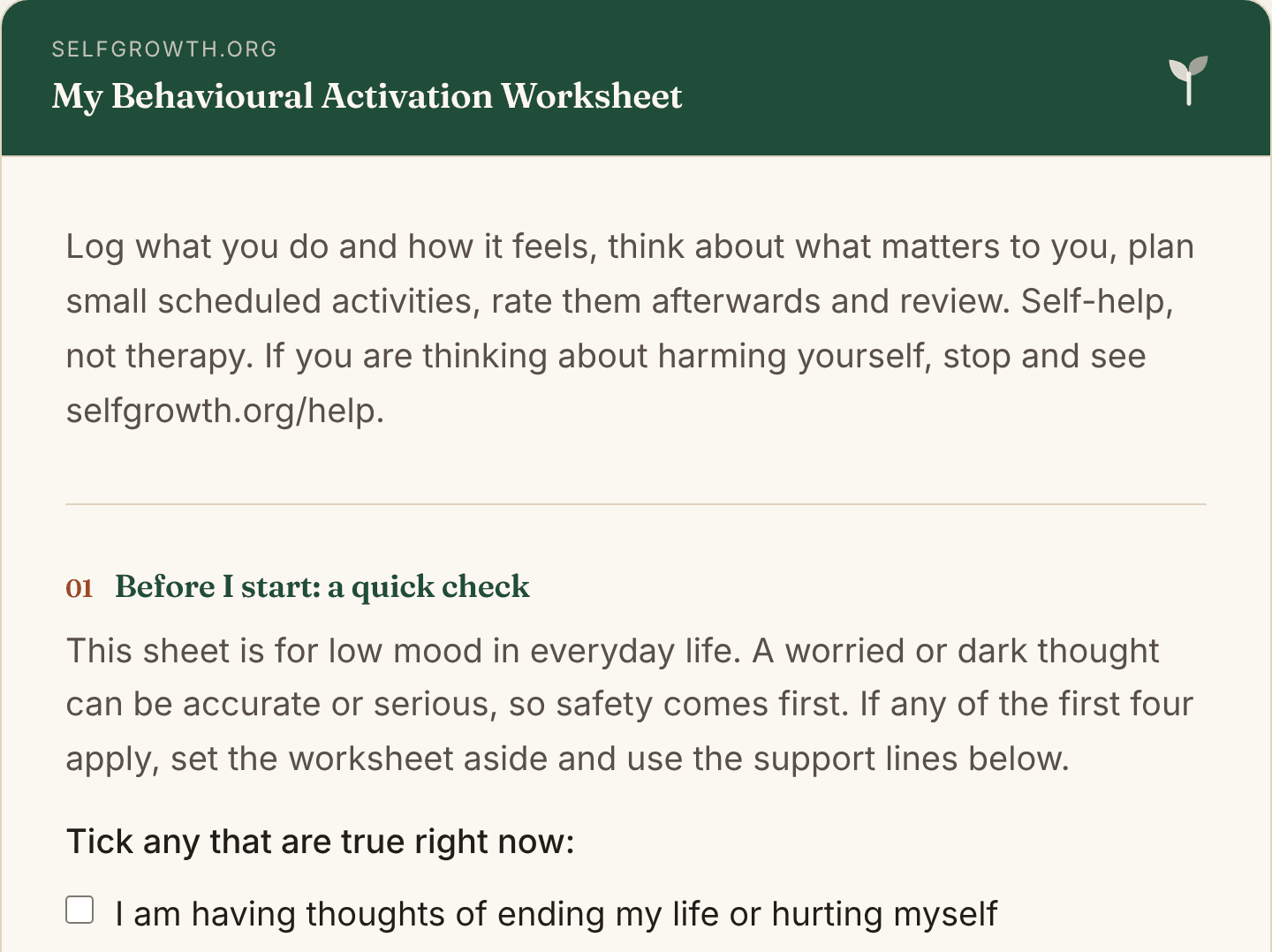 Preview of the Behavioural Activation Worksheet, a free printable worksheet