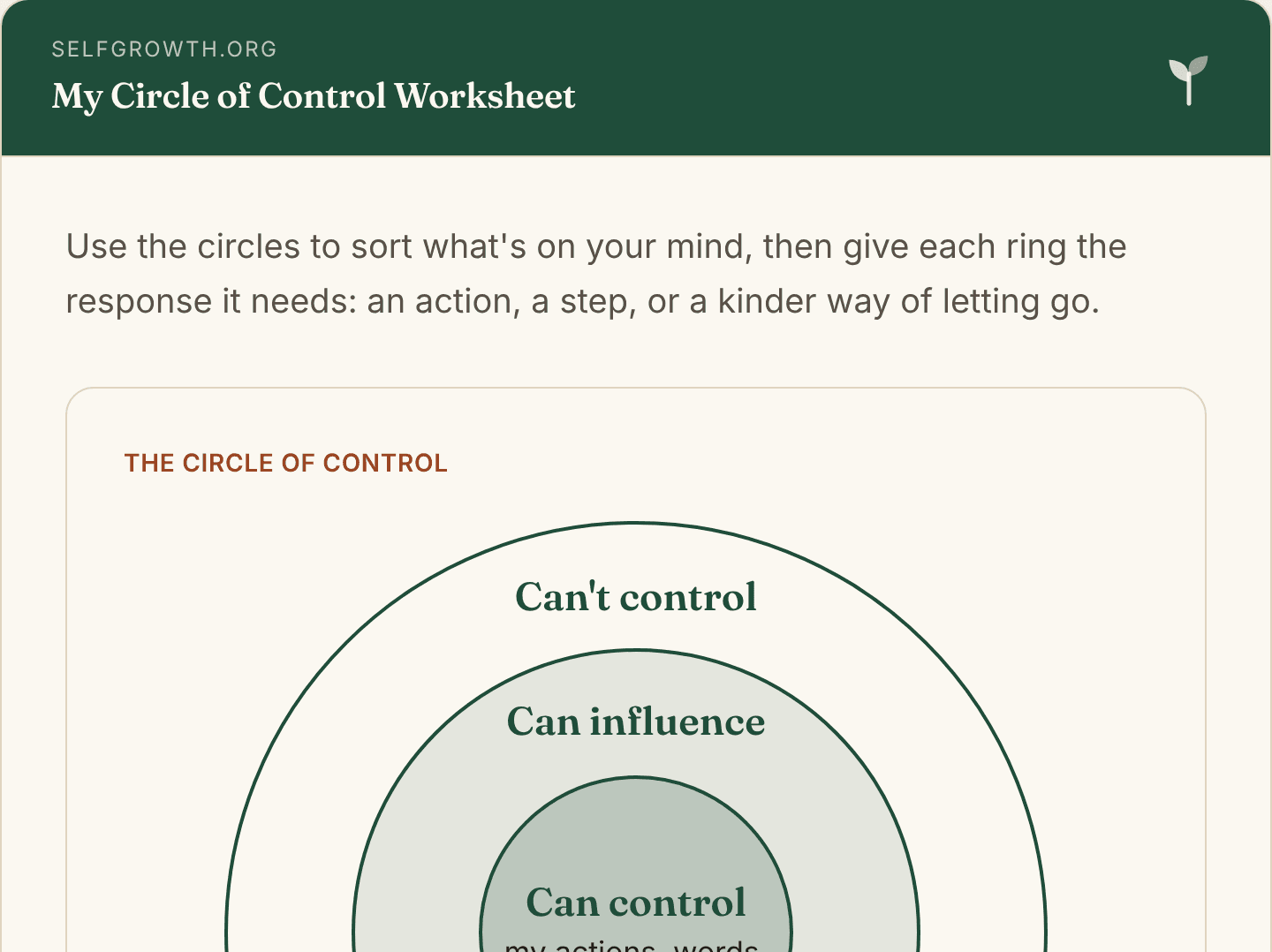 Preview of the Circle of Control Worksheet, a free printable worksheet