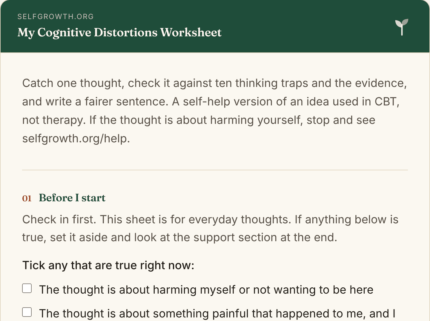 Preview of the Cognitive Distortions Worksheet, a free printable worksheet