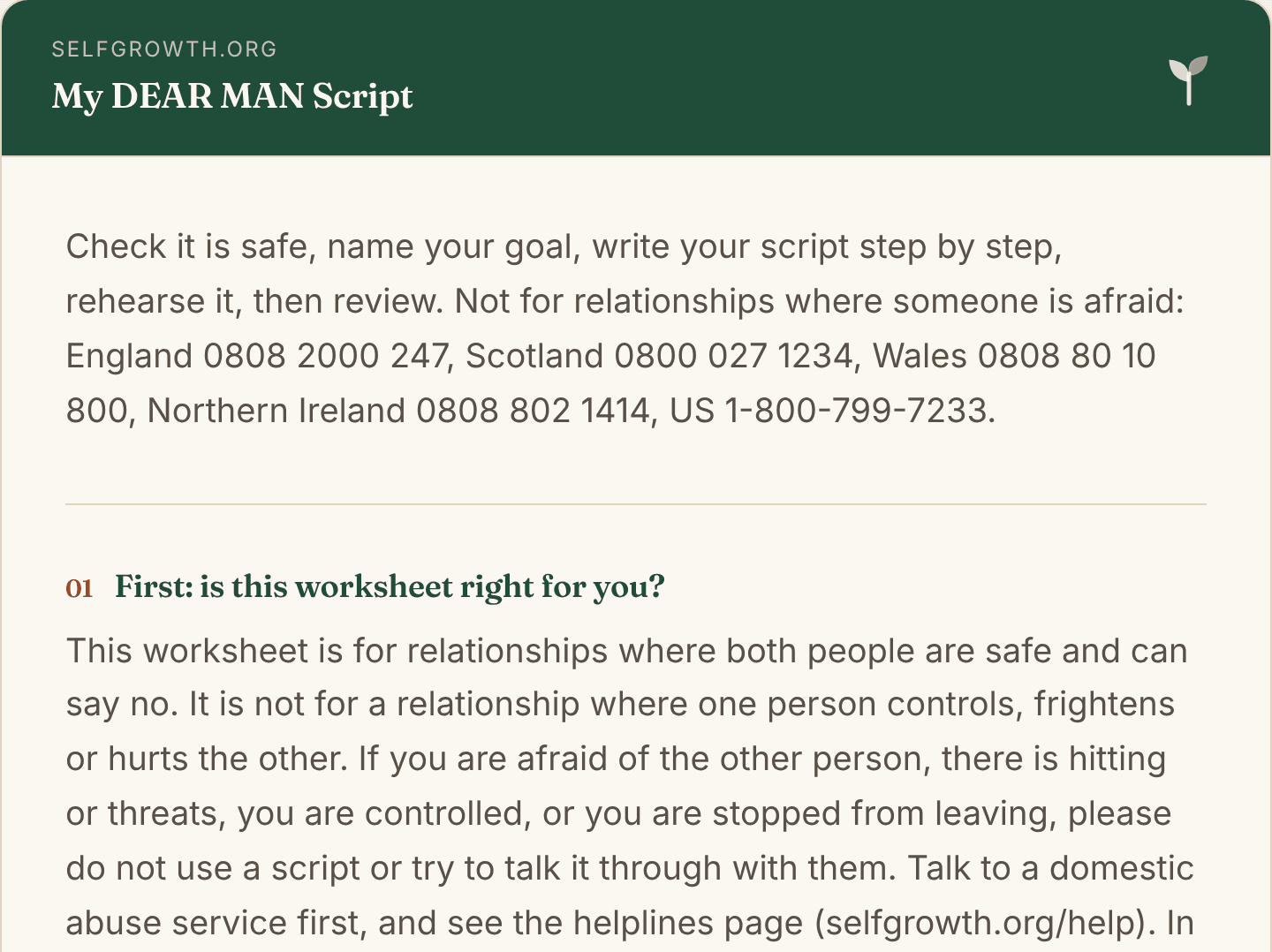 Preview of the DEAR MAN Worksheet, a free printable worksheet