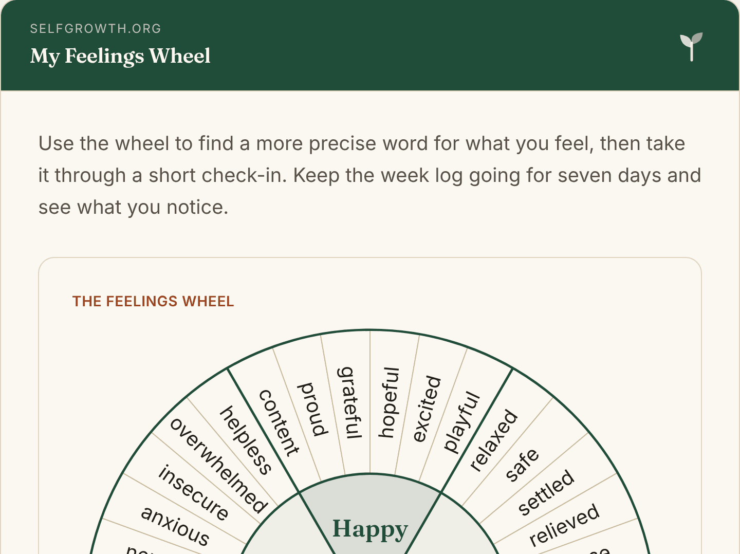 Preview of the Feelings Wheel, the first page of this workbook