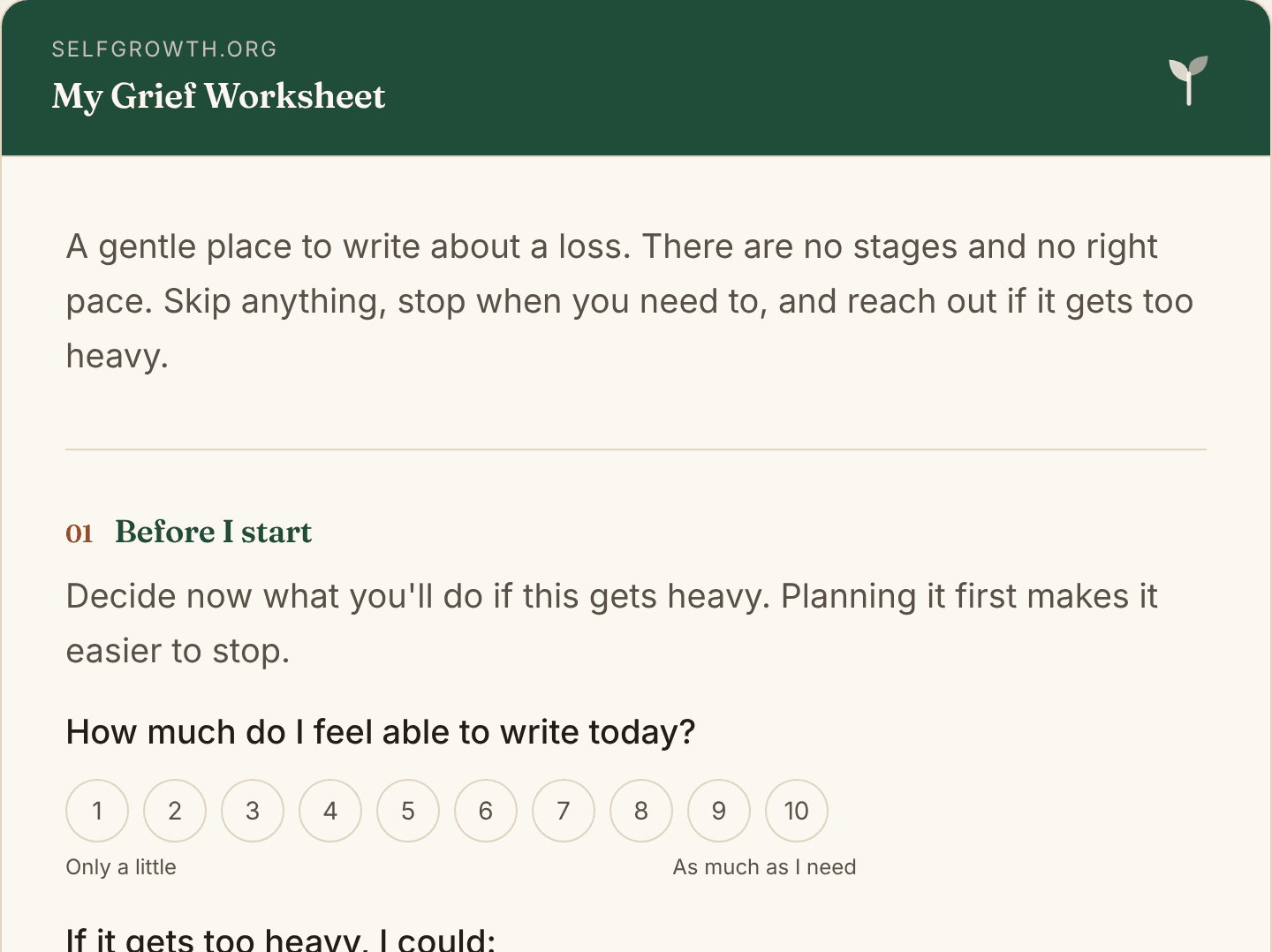 Preview of the Grief Worksheet, a free printable worksheet