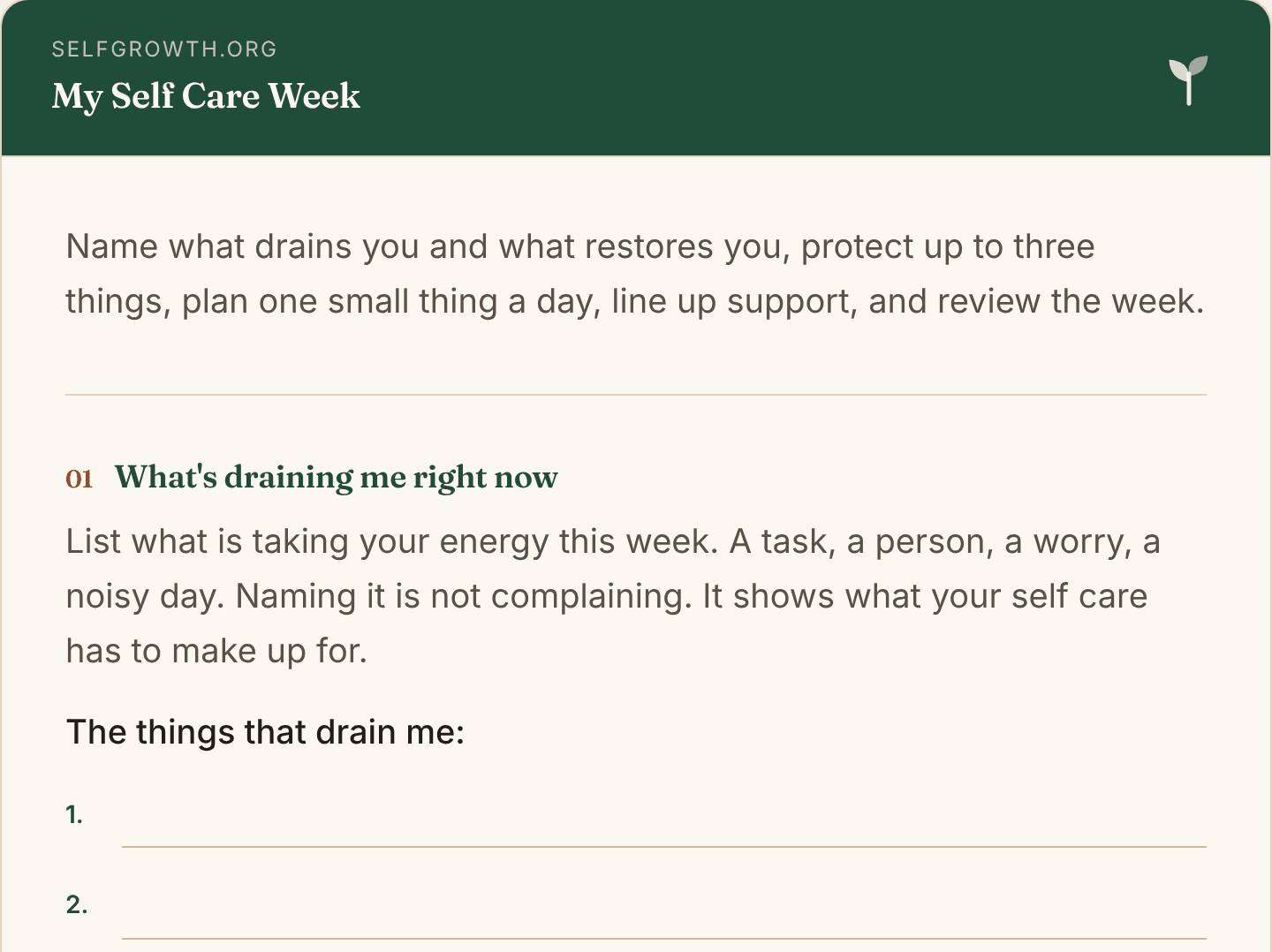 Preview of the Self Care Planner, a free printable worksheet