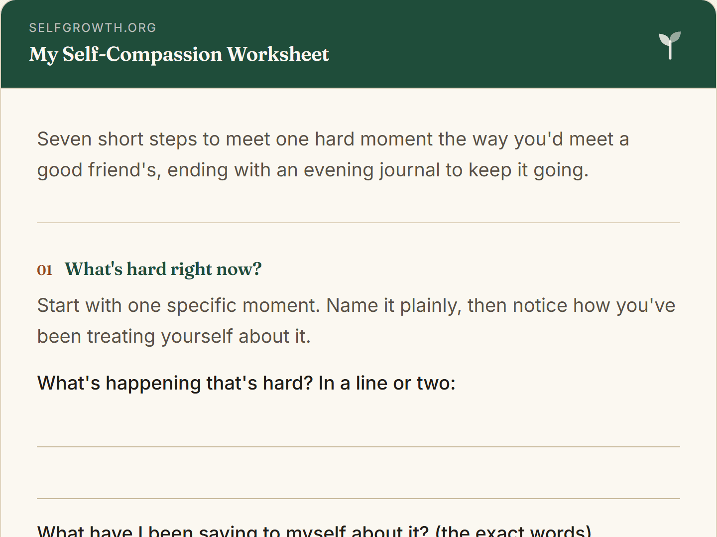 Preview of the Self-Compassion Worksheet, a free printable worksheet