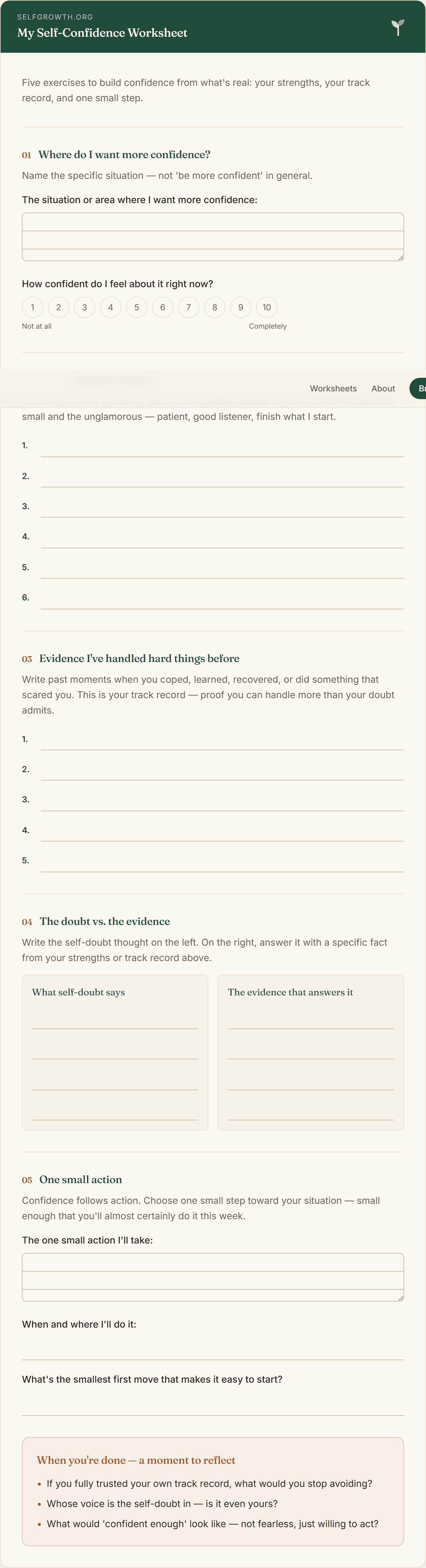 Preview of the Self-Confidence Worksheet, a free printable worksheet