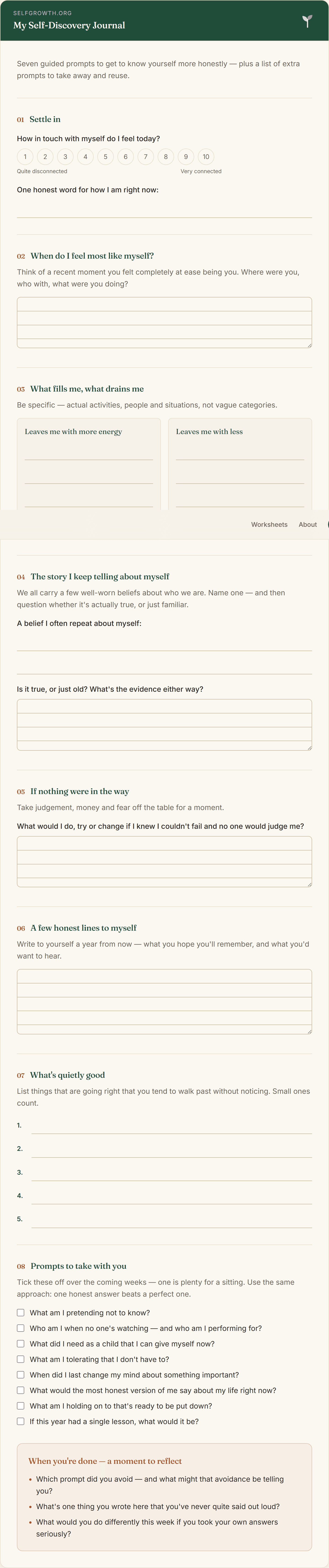 Preview of the Self-Discovery Journal Prompts, a free printable worksheet