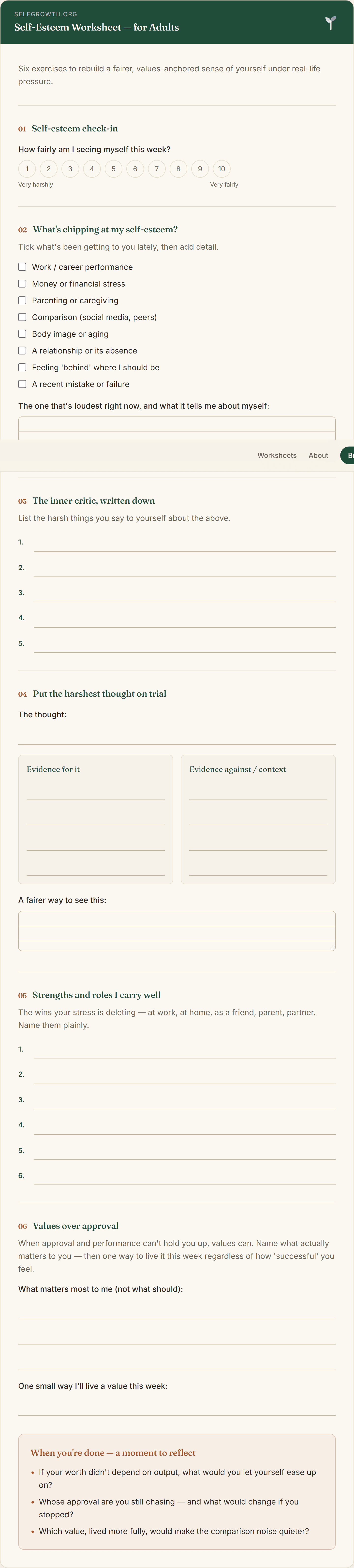 Preview of the Self-Esteem (Adults), a free printable worksheet