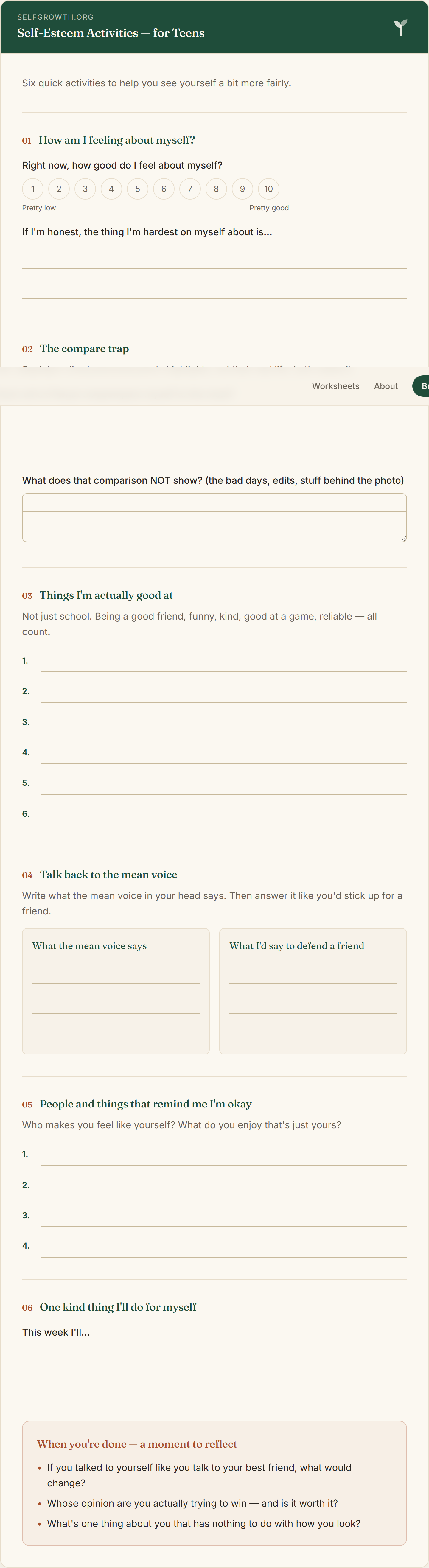 Preview of the Self-Esteem (Teens), a free printable worksheet