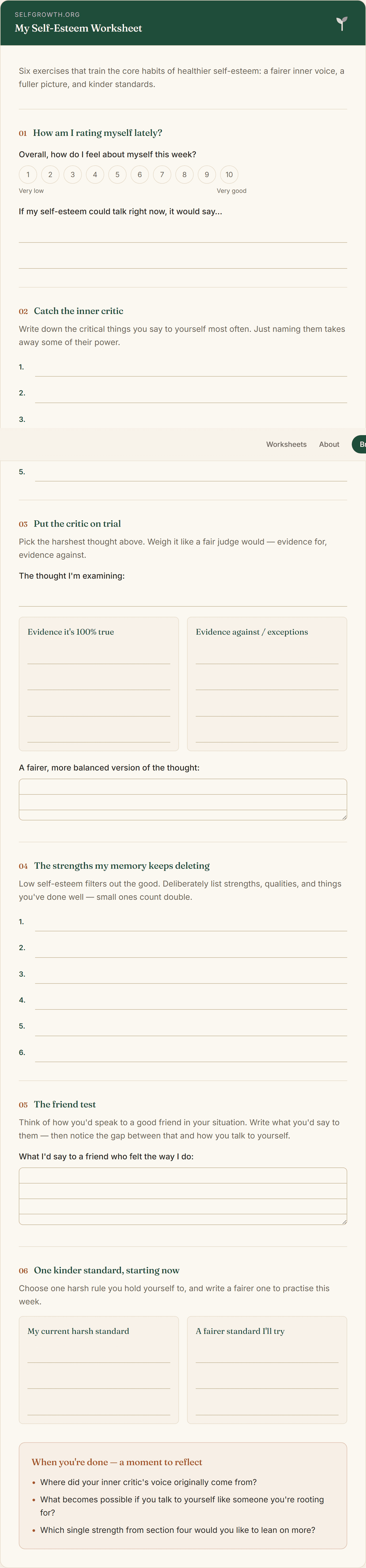 Preview of the Self-Esteem Worksheet, a free printable worksheet