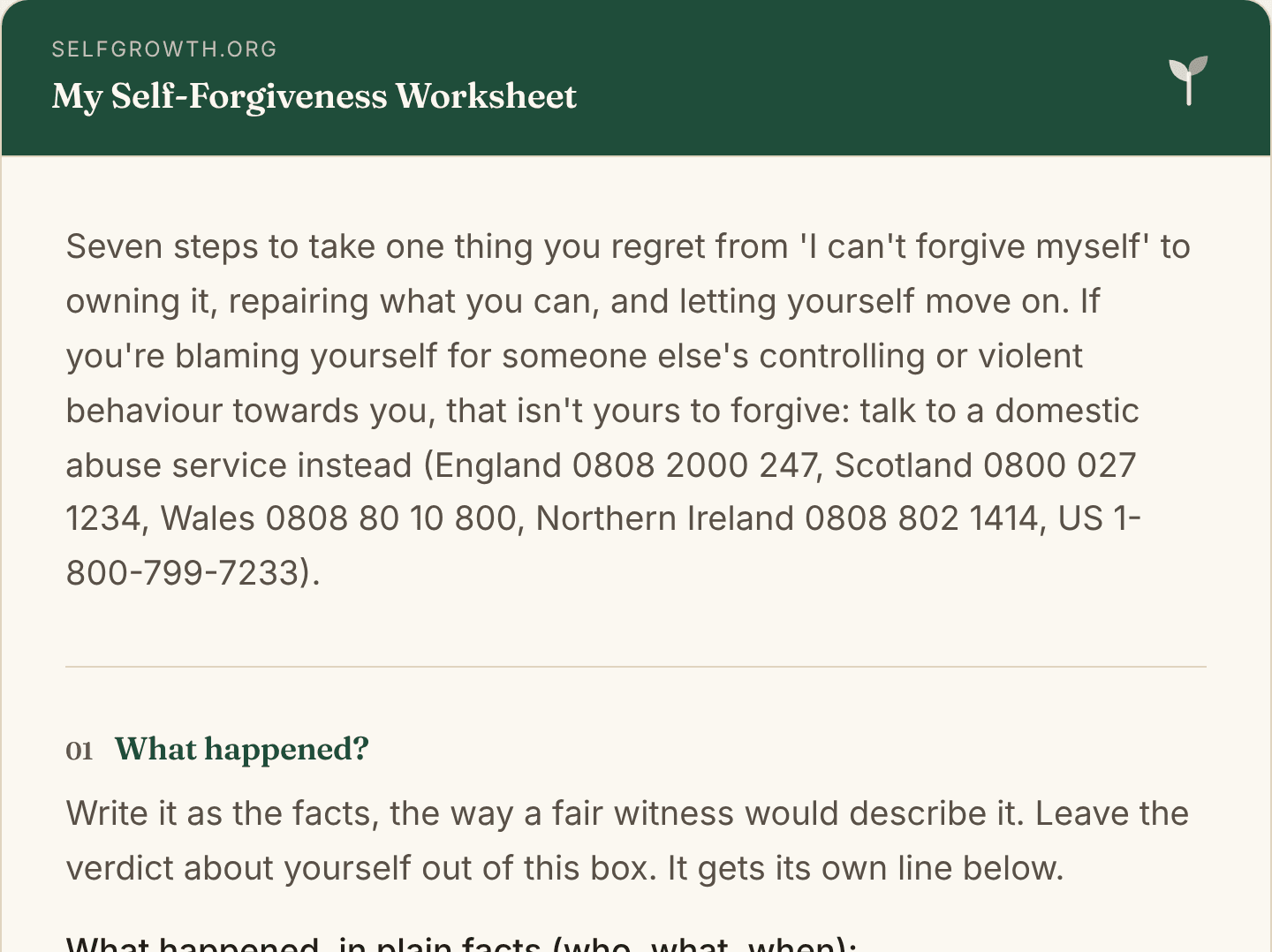 Preview of the Self-Forgiveness Worksheet, a free printable worksheet