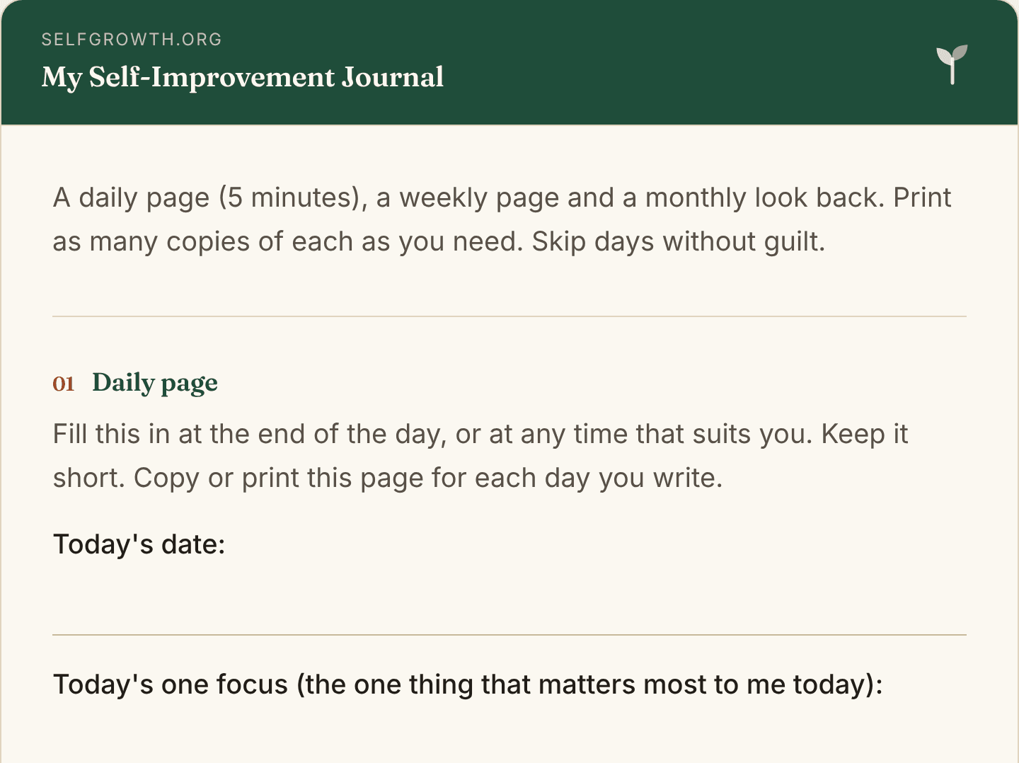 Preview of the Self-Improvement Journal, a free printable worksheet