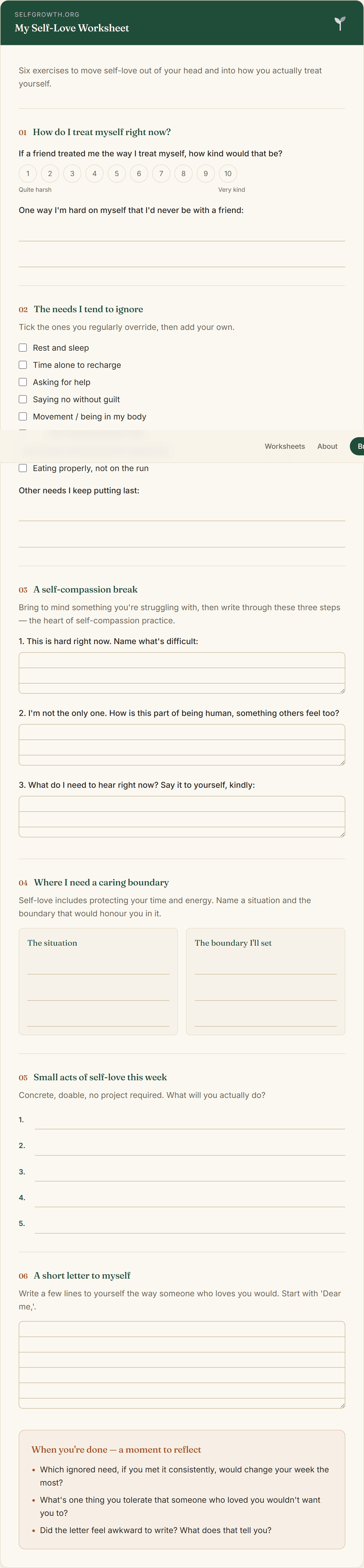 Preview of the Self-Love Worksheet, a free printable worksheet
