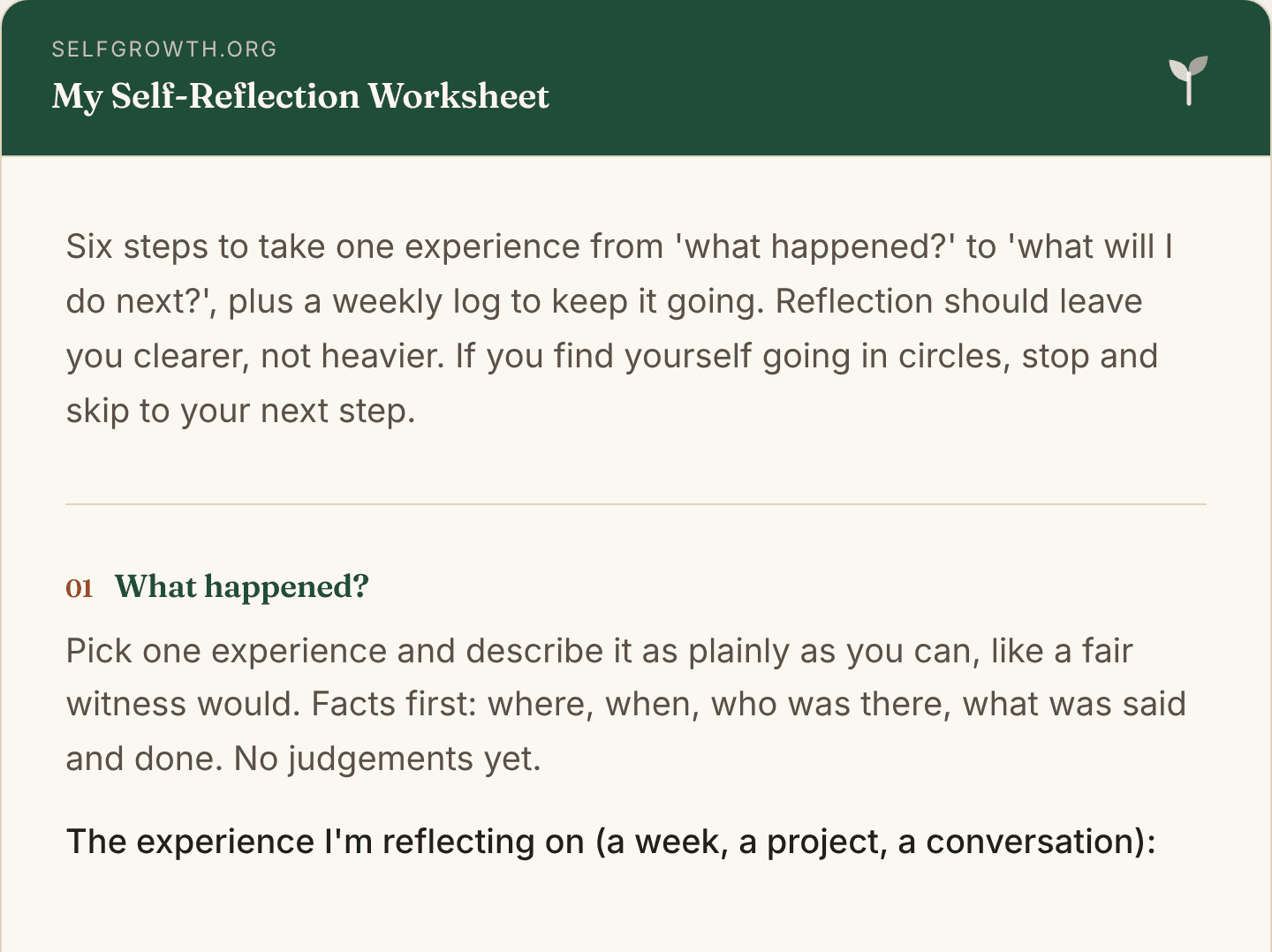 Preview of the Self-Reflection Worksheet, a free printable worksheet