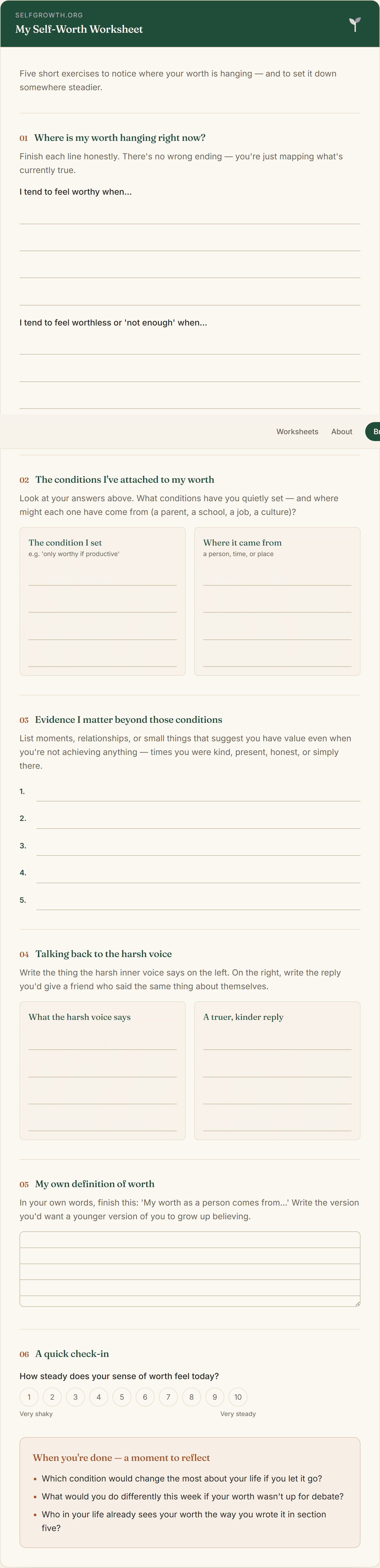 Preview of the Self-Worth Worksheet, a free printable worksheet