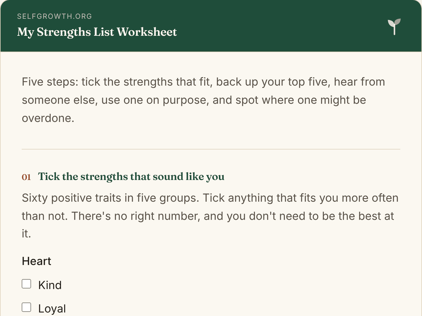 Preview of the Strengths List Worksheet, a free printable worksheet