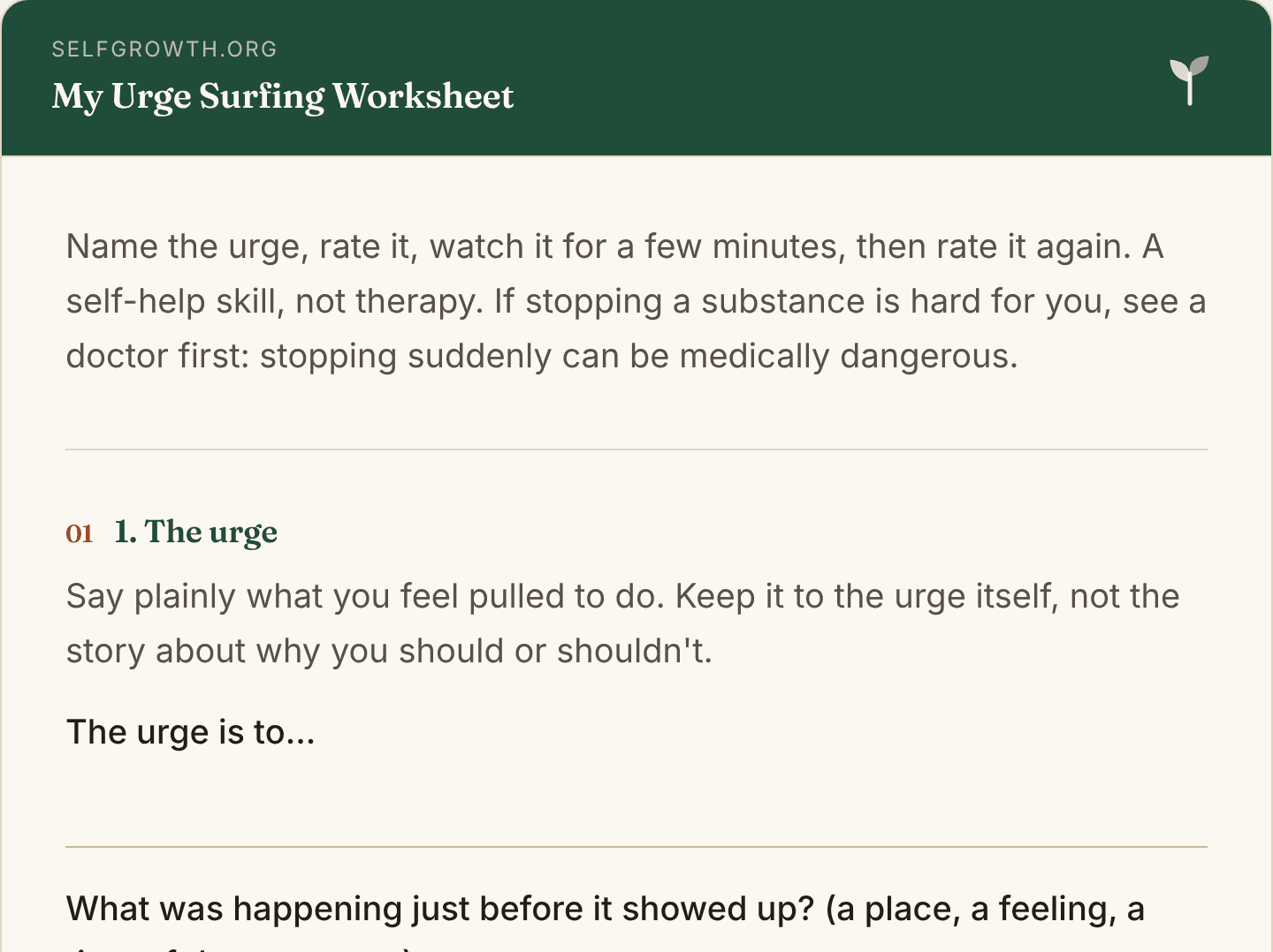 Preview of the Urge Surfing Worksheet, a free printable worksheet