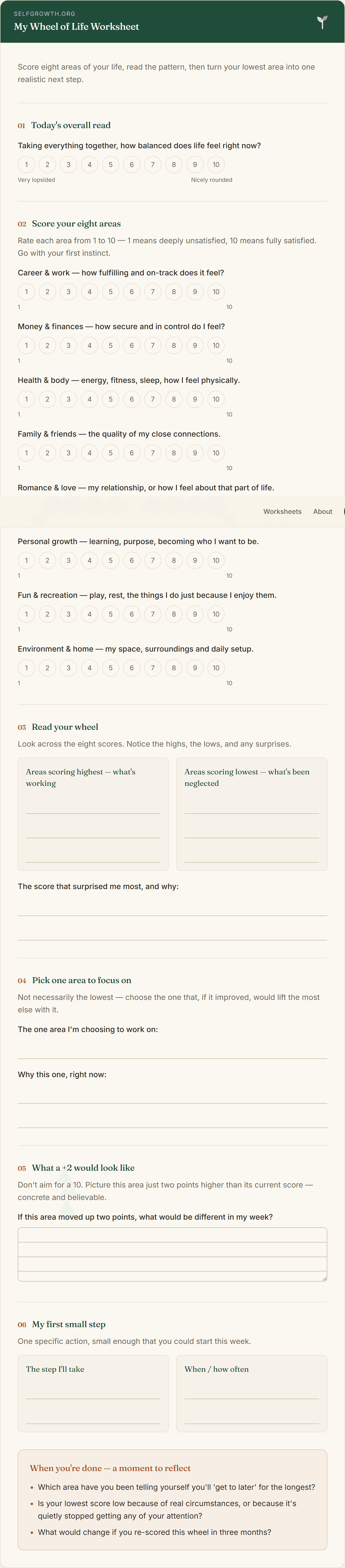 Preview of the Wheel of Life Worksheet, a free printable worksheet